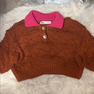 Zara Women's Rust Sweater with Pink Collar size S